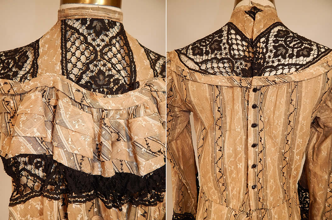 Victorian Brown & White Cotton Calico Striped Black Lace Trim Gown Dress
It is in good condition, with only a small faint age spot stain on the front top, some separation in the lace trim along the back yoke and skirt (see close-up). This is truly a wonderful piece of wearable antique Victoriana textile art!