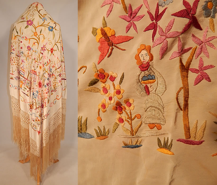 Antique Cream Silk Pastel Embroidered Figural Floral Chinese Canton Piano Shawl
This antique cream silk pastel embroidered figural floral Chinese Canton piano shawl dates from the 1920s. It is made of an off white cream color silk fabric background, with colorful pastel silk raised padded satin stitch hand embroidery work