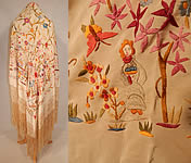 Antique Cream Silk Pastel Embroidered Figural Floral Chinese Canton Piano Shawl

