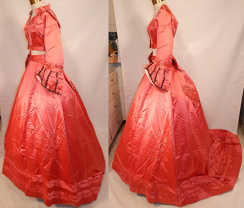 Victorian Magenta Pink Silk Ball Gown With Train Skirt 2 Bodices & Bow Belt
It is made of a bright brilliant pink magenta color silk satin fabric. This 4 piece beautiful ball gown has a skirt with train, bow belt and 2 fitted short crop bodices. 