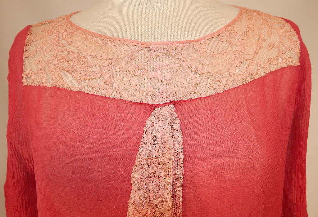 Vintage Red Raspberry Silk Chiffon Lace Yoke Belted Drop Waist Dress Ruffle Skirt
This lovely dress has a drop waist, shorter length layered ruffle skirt, long fitted sleeves, a matching fabric belt with gold metal buckle clasp closure and is sheer, unlined.