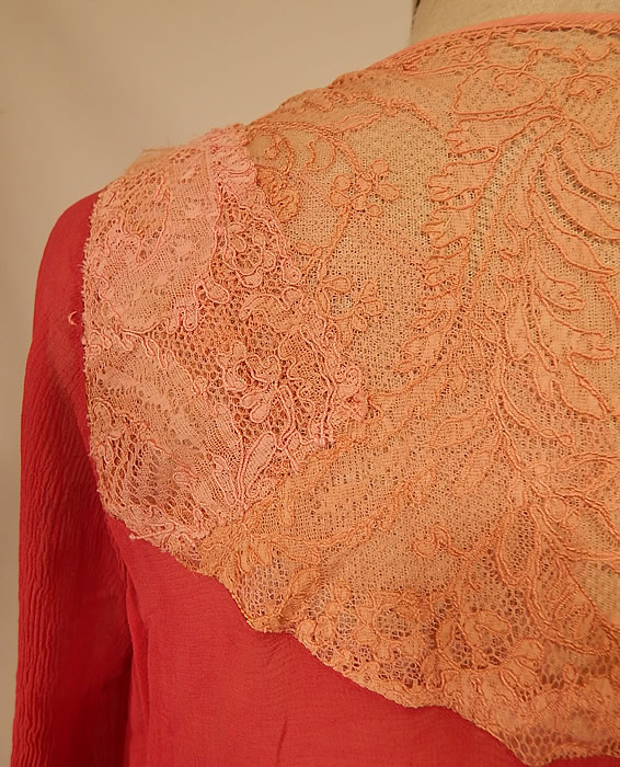 Vintage Red Raspberry Silk Chiffon Lace Yoke Belted Drop Waist Dress Ruffle Skirt
It is in good as-is condition, with some frayed holes on the lace yoke along the shoulders and a patched repair on the back lace (see close-ups). This is truly a wonderful piece of wearable art!
