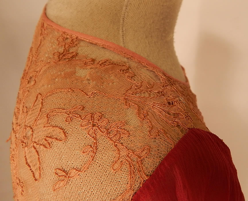 Vintage Red Raspberry Silk Chiffon Lace Yoke Belted Drop Waist Dress Ruffle Skirt
It is in good as-is condition, with some frayed holes on the lace yoke along the shoulders and a patched repair on the back lace (see close-ups). This is truly a wonderful piece of wearable art!