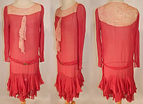 Vintage Red Raspberry Silk Chiffon Lace Yoke Belted Drop Waist Dress Ruffle Skirt
