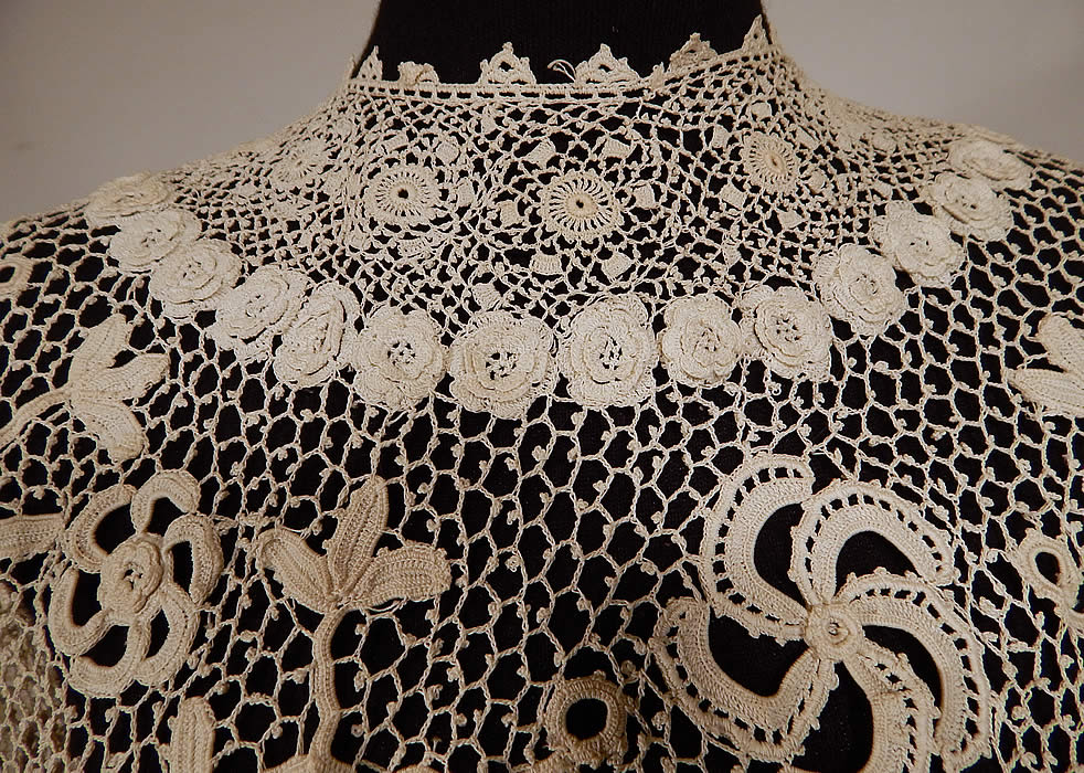 Edwardian White Irish Crochet Lace Meshwork Shirt Blouse Jacket Top
This beautiful blouse has a reversible style which can be worn also as a jacket with an open front, 3/4 length long sleeves, a single tiny mother of pearl button closure on the back neck and is sheer, unlined.