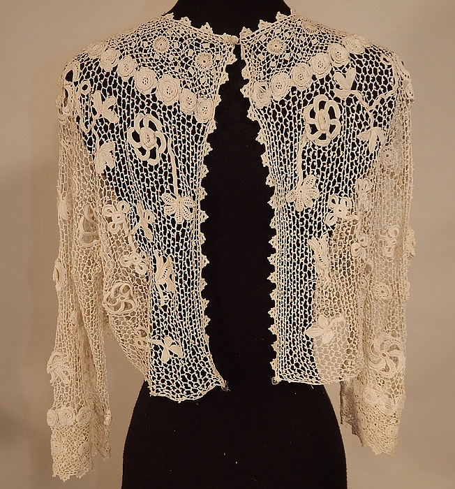 Edwardian White Irish Crochet Lace Meshwork Shirt Blouse Jacket Top
The blouse measures 18 inches long in the front, 14 inches long in the back, with a 34 inch bust.
