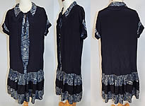 Vintage Navy Blue Art Deco Print Silk Ruffle Short Skirt Drop Waist Dress
