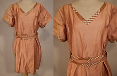 Vintage Edwardian Tan Cotton Gingham Trim Belted Bathing Swimsuit Dress
