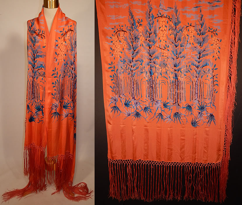 Vintage Orange Stripe Art Deco Silk Screen Teal Blue Flora Fringe Flapper Shawl Scarf
This vintage orange stripe Art Deco silk screen teal blue flora fringe flapper shawl scarf dates from the 1920s. It is made of a bright orange silk striped damask weave fabric, with a colorful teal blue silk screen scenic wooded flora print design done on both ends.