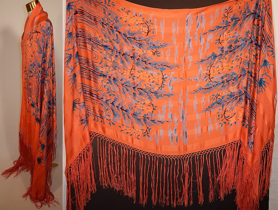 Vintage Orange Stripe Art Deco Silk Screen Teal Blue Flora Fringe Flapper Shawl Scarf
This fabulous flapper shawl scarf cloak cape wrap has a long rectangle shape, with hand knotted orange silk fringe along the sides, bottom and the top has none.