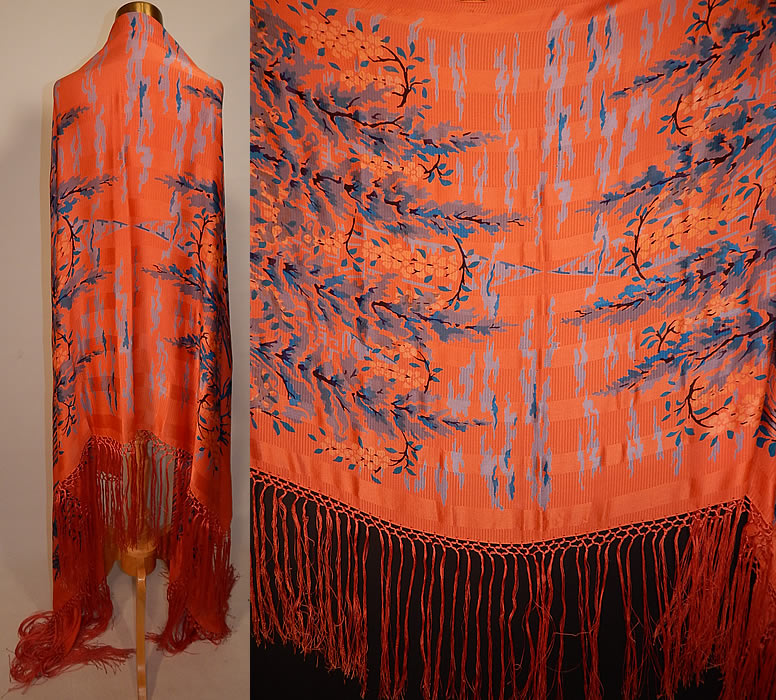 Vintage Orange Stripe Art Deco Silk Screen Teal Blue Flora Fringe Flapper Shawl Scarf
The shawl measures 88 by 38 inches, with 12 inch long fringe. It is in good condition, with only 4 tiny holes near the side. This is truly a wonderful piece of wearable textile art! 
