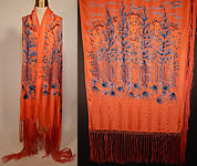 Vintage Orange Stripe Art Deco Silk Screen Teal Blue Flora Fringe Flapper Shawl Scarf
