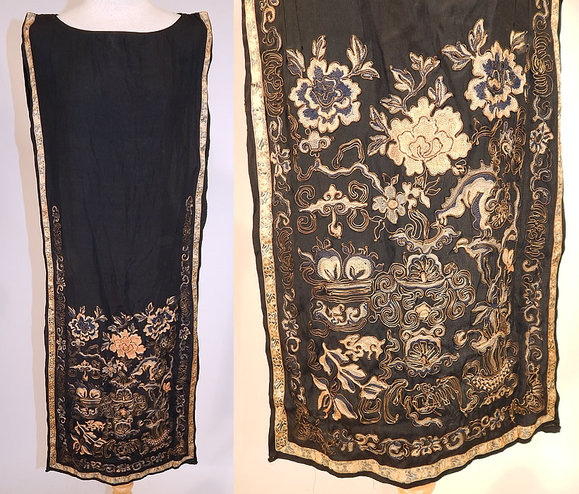 Antique Chinese Silk Forbidden Stitch Gold Couching Embroidery Tunic Tabard Dress
This antique Chinese silk forbidden stitch gold couching embroidery tunic tabard dress dates from the 1920s. It is made of a late 19th century Qing Dynasty Han wedding skirt fabric apron panels and remade into a 1920s flapper tunic tabard style dress.