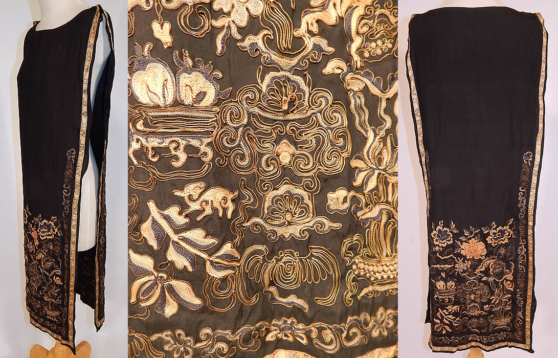 Antique Chinese Silk Forbidden Stitch Gold Couching Embroidery Tunic Tabard Dress
It is made of a black silk fabric, with muted colors of Peking knot forbidden stitch and gold couching hand embroidery work designs of Chinese guardian lion foo dog, spotted deer, bats, peaches, peony flowers, vases auspicious symbols for good fortune and longevity.
