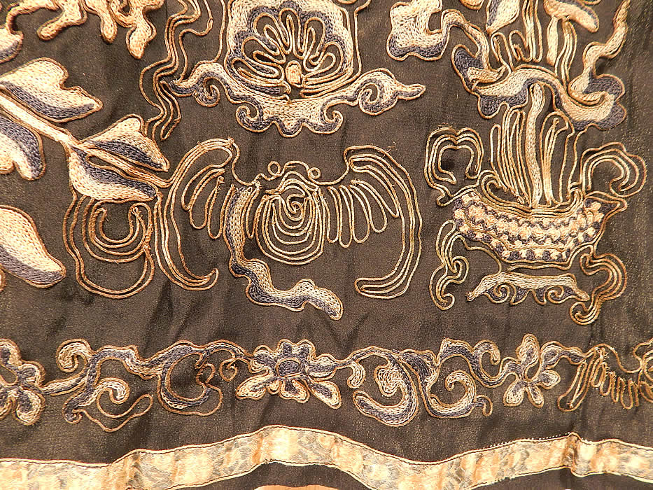 Antique Chinese Silk Forbidden Stitch Gold Couching Embroidery Tunic Tabard Dress
The dress measures 38 inches long, with a 30 inch bust and each panel is 15 inches wide.