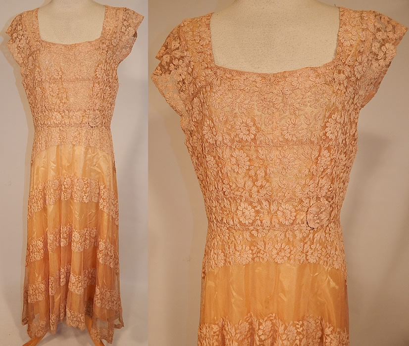 Vintage Ecru Cream Tambour Embroidery Net Lace Skirt Train Wedding Gown Dress
This vintage ecru cream tambour embroidery net lace skirt train wedding gown dress dates from the 1940s. It is made of a off white ecru cream color sheer net tulle fabric, with tambour embroidery work done in a floral vine leaf pattern design.