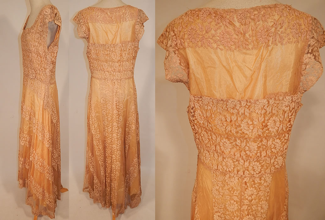 Vintage Ecru Cream Tambour Embroidery Net Lace Skirt Train Wedding Gown Dress
This beautiful bridal wedding gown dress is a floor length, with a long full skirt, slight back train, short cap sleeves, squared neckline, rosette embroidered trim medallion at the waist, is fully lined in a golden cream colored silk rayon fabric and has a double side zipper closure for both the inside slip lining and outside net dress.