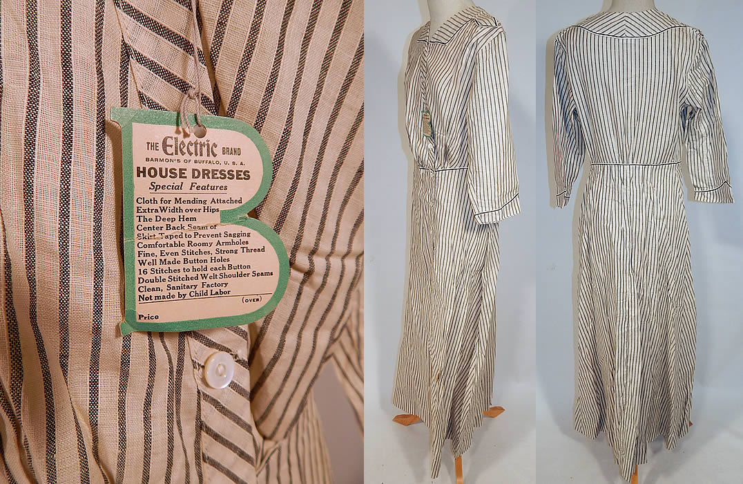 Edwardian Electric Brand Black & White Striped Cotton Workwear House Dress NWT
It is made of a black and white cotton weave fabric, with a striped pattern design.
