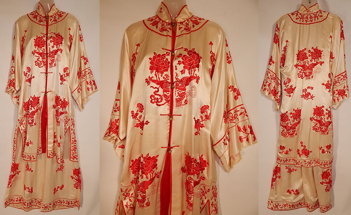 Vintage Red & White Silk Embroidered Chinese Butterfly Peony Pajamas Pants Robe
This vintage red and white silk embroidered Chinese butterfly peony pajamas pants, robe date from the 1930s. It is made of a white silk fabric, with contrasting cherry red silk raised padded satin stitch embroidery work of peony flowers and butterflies. Included in this two piece lingerie lounging pajamas set is a long mid length robe style coat, with long full sleeves, a mandarin collar and carved round brass button toggle closures down the front.
