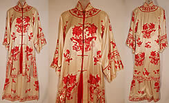 Vintage Red & White Silk Embroidered Chinese Butterfly Peony Pajamas Pants Robe
