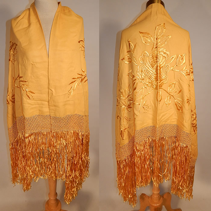 Vintage Golden Yellow Silk Embroidered Butterfly Macrame Fringe Flapper Shawl Scarf
This vintage golden yellow silk embroidered butterfly macramé fringe flapper shawl scarf dates from the 1920s. It is made of a bright golden yellow soft cotton wool blend fabric, with yellow silk raised padded satin stitch embroidery work of flowers, vines and butterflies.