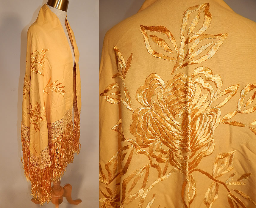 Vintage Golden Yellow Silk Embroidered Butterfly Macrame Fringe Flapper Shawl Scarf
This fabulous flapper shawl scarf cloak cape wrap has a long rectangle shape, with macramé hand knotted yellow silk fringe trim along the sides, bottom and the top has none.