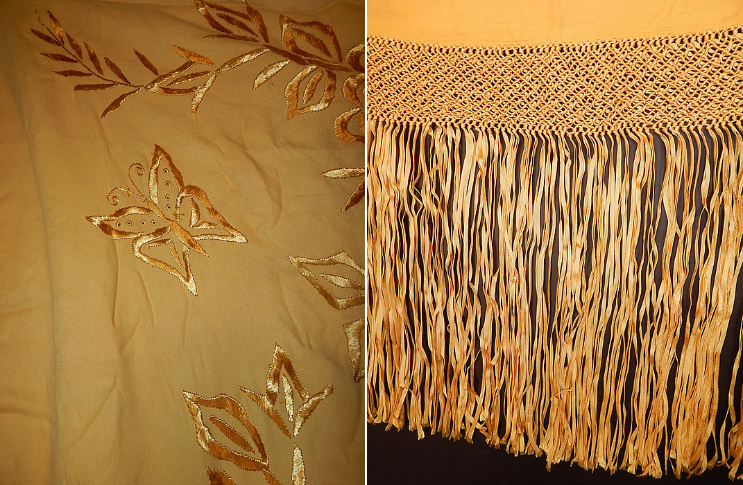 Vintage Golden Yellow Silk Embroidered Butterfly Macrame Fringe Flapper Shawl Scarf
The shawl measures 52 by 24 inches, with 16 inch long fringe. 