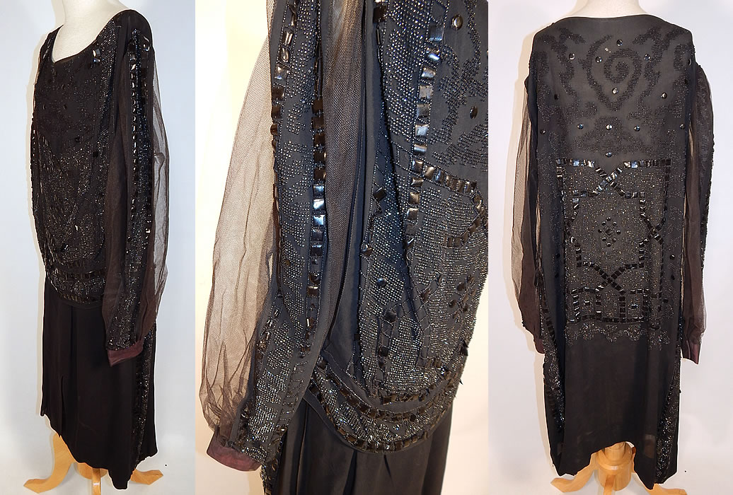 Vintage Art Deco Black Silk Jet Beaded Sequin Drop Waist Flapper Dress Gown
The dress measures 44 inches long, with a 38 inch waist, 40 inch bust and 25 inch long sleeves. 