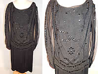 Vintage Art Deco Black Silk Jet Beaded Sequin Drop Waist Flapper Dress Gown
