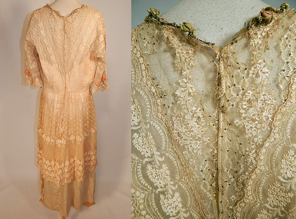 Edwardian Belle Epoque Cream Embroidered Net Lace Beaded Rosette Dress
It is in delicate fair as-is condition, with several small frayed areas on the lace top near the neckline, some slight faint discoloration staining and fraying along the silk rosette ribbon trim (see close-up). This is truly a wonderful piece of antique textile lace art which would be great for design or restoration!