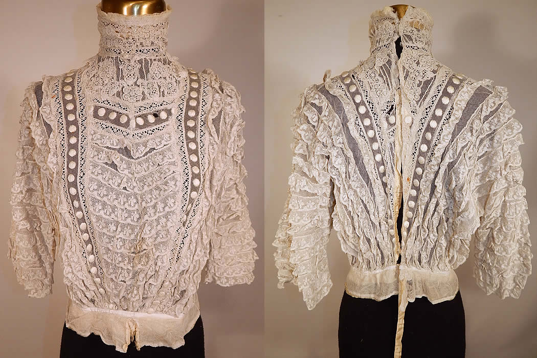 Edwardian Embroidered Polka Dot White Net Lace Applique Bodice Blouse
This antique Edwardian era embroidered polka dot white net lace appliqué bodice blouse 1910. It is made of an off white net lace fabric, with embroidered polka dots, lace ruffles and appliques.