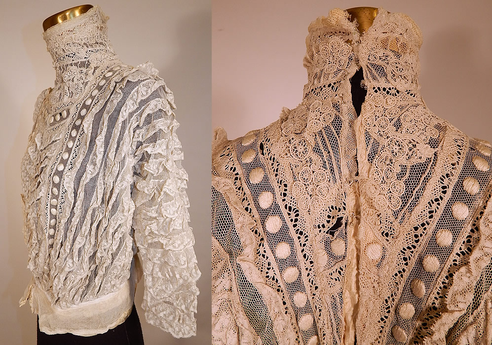 Edwardian Embroidered Polka Dot White Net Lace Applique Bodice Blouse
This beautiful bodice blouse has a high neck lace collar with stays inside, ruffled 3/4 length sleeves, layers of lace ruffles throughout, a fitted waistband, hook closures down the back and is sheer, unlined.