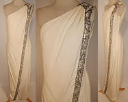 Vintage White Silk de Chine Silver Beaded One Shoulder Grecian Goddess Gown
