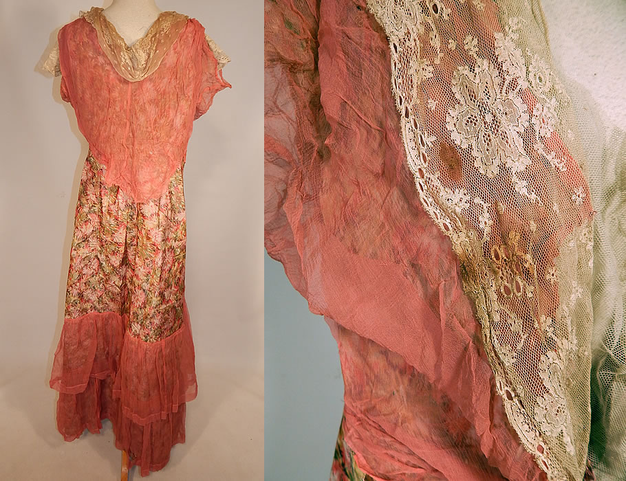Edwardian Belle Epoque Moire Watered Silk Taffeta Pink Floral Ribbon Lace Dress
The dress measures 53 inches long, with a 28 inch waist and 38 inch bust. It is in fair as-is condition, with several small frayed holes in the pink chiffon fabric overlay and some small faint age spot stains scattered (see close-up). This is truly a wonderful piece of antique textile art which would be great for design or restoration!
