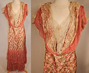 Edwardian Belle Epoque Moire Watered Silk Taffeta Pink Floral Ribbon Lace Dress
