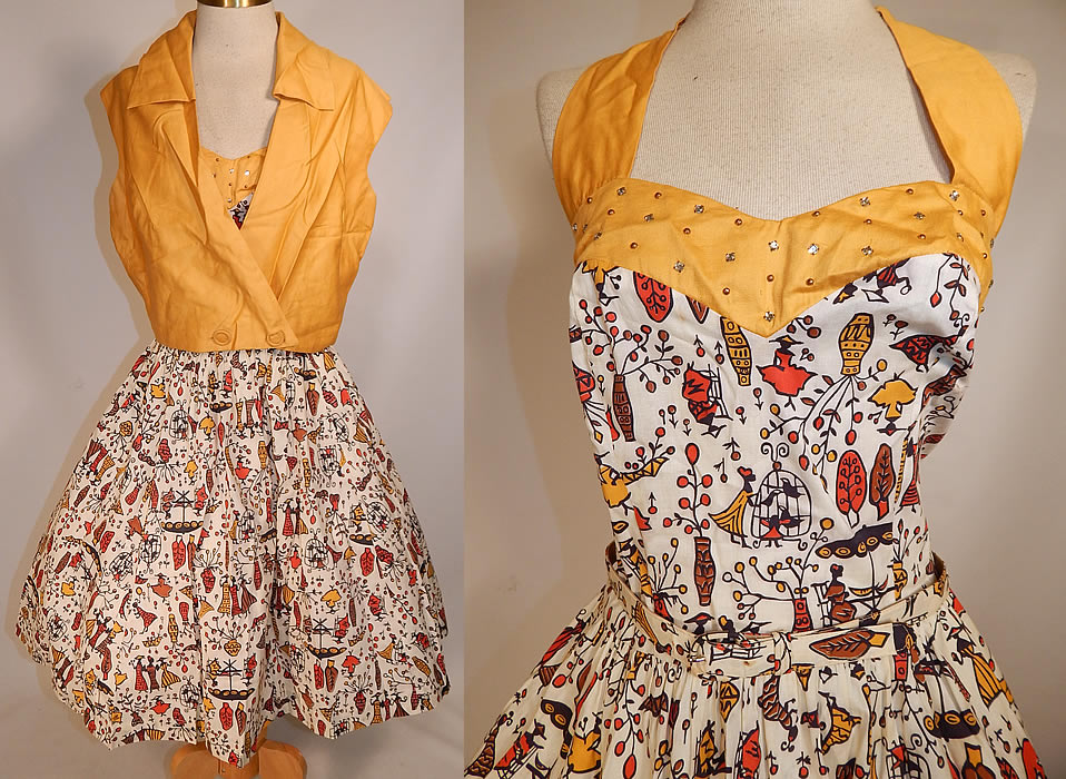 Vintage Cotton Caribbean African Women Novelty Print Circle Skirt Halter Dress Jacket
This vintage cotton Caribbean African women novelty print circle skirt halter dress and jacket dates from the 1950s. It is made of a orange, gold, brown, black and white cotton fabric, with a colorful Caribbean novelty print design of tribal ethnic African women, children dancing, playing musical instruments and relaxing.