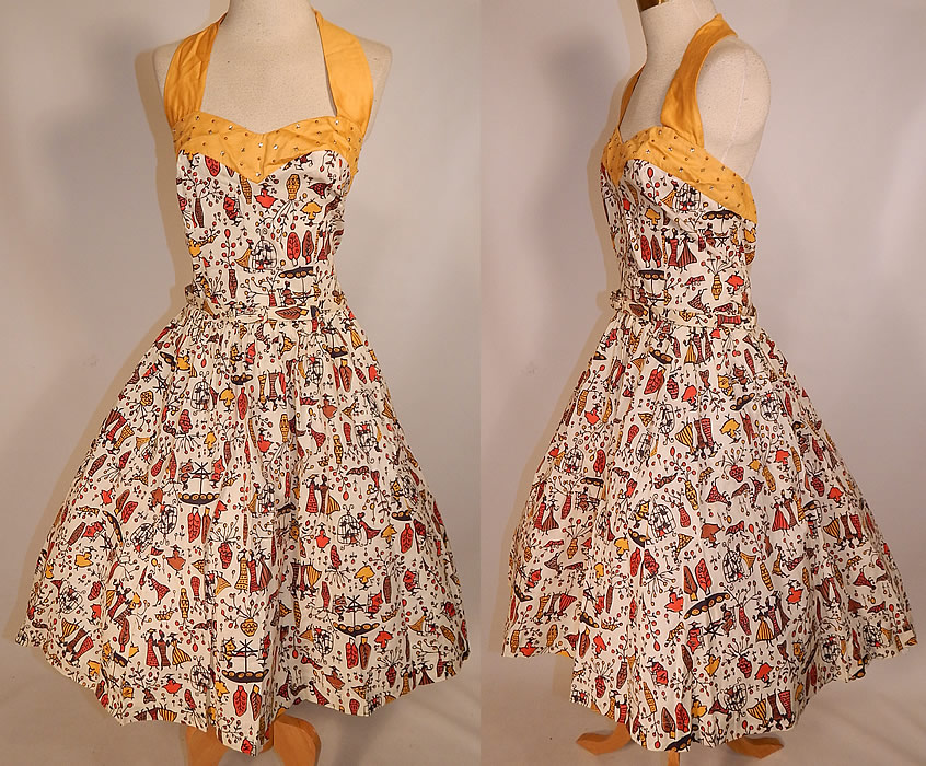 Vintage Cotton Caribbean African Women Novelty Print Circle Skirt Halter Dress Jacket
The dress measures 40 inches long, with a 30 inch waist and 36 inch bust. There is a golden yellow cotton fabric short cropped sleeveless jacket blouse top, with fold over collar and button closure waist. 