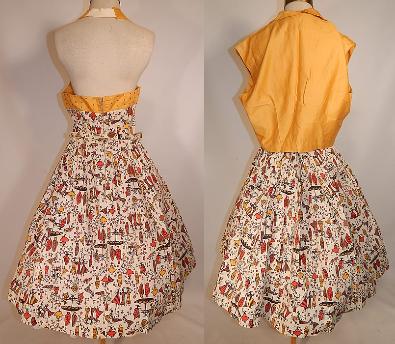Vintage Cotton Caribbean African Women Novelty Print Circle Skirt Halter Dress Jacket
The top measures 16 inches long, with a 30 inch waist and 42 inch bust. It is in good condition and the back neck strap has been altered adding an elastic band. This is truly a wonderful piece of collectible Caribbean vintage textile art!