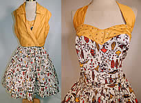 Vintage Cotton Caribbean African Women Novelty Print Circle Skirt Halter Dress Jacket
