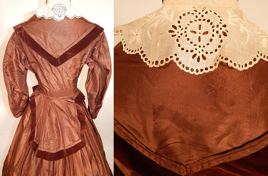 Victorian Civil War Era Brown Silk Taffeta Hoop Skirt Dress & Velvet Bow Belt Sash
This is truly a wonderful piece of antique Victoriana wearable art!