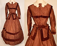 Victorian Civil War Era Brown Silk Taffeta Hoop Skirt Dress & Velvet Bow Belt Sash