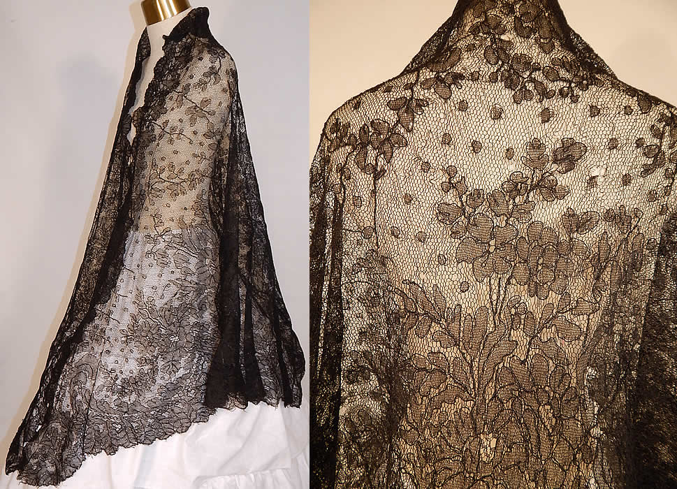 Victorian Civil War Era Antique Black Chantilly Lace Mantilla Shawl Pelerine
The shawl measures 102 inches wide and 56 inches long. It is in good condition, with only a few small frayed holes on back top (see close-up). This is truly a wonderful piece of antique Victoriana lace art!