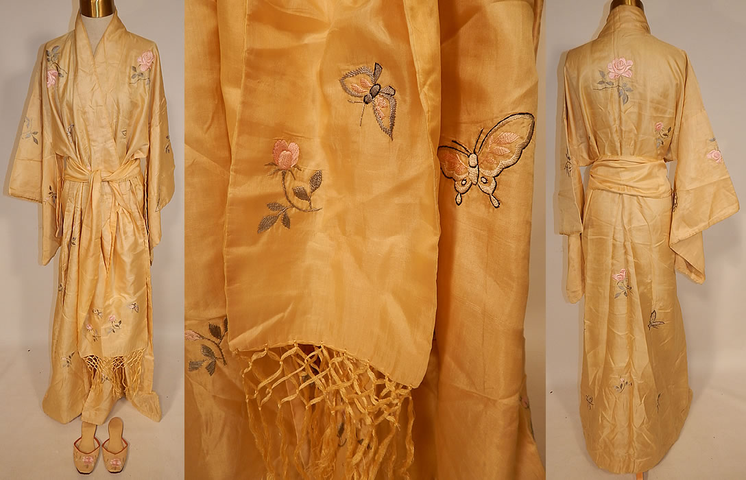 Vintage Japanese Yellow Silk Embroidered Kimono Robe Sash & Slippers
This vintage Japanese yellow silk butterfly embroidered kimono robe, sash and slippers date from the 1920s. It is made of a yellow fine silk fabric, with colorful pastel silk raised padded satin stitch hand embroidery work of butterflies and pink roses flowers.