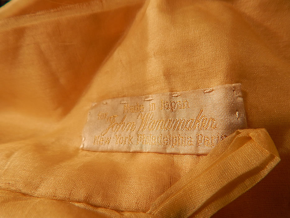 Vintage Japanese Yellow Silk Embroidered Kimono Robe Sash & Slippers
There is a "Made in Japan for John Wanamaker New York Philadelphia Paris" label sewn inside. 