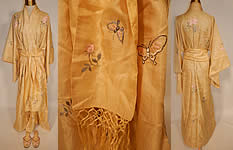 Vintage Japanese Yellow Silk Embroidered Kimono Robe Sash & Slippers
