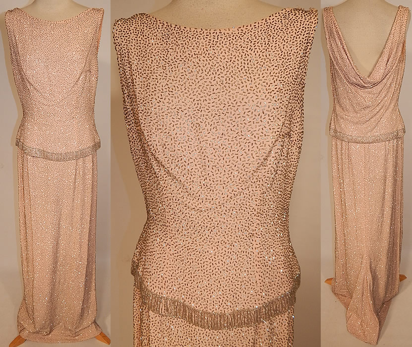 Vintage Hong Kong Custom Made Blush Pink Silk Silver Beaded Evening Gown
This vintage Hong Kong custom made blush pink silk silver beaded evening gown dates from the late 1950s. It is made of blush pink color silk fabric with silver beading completely covering it.