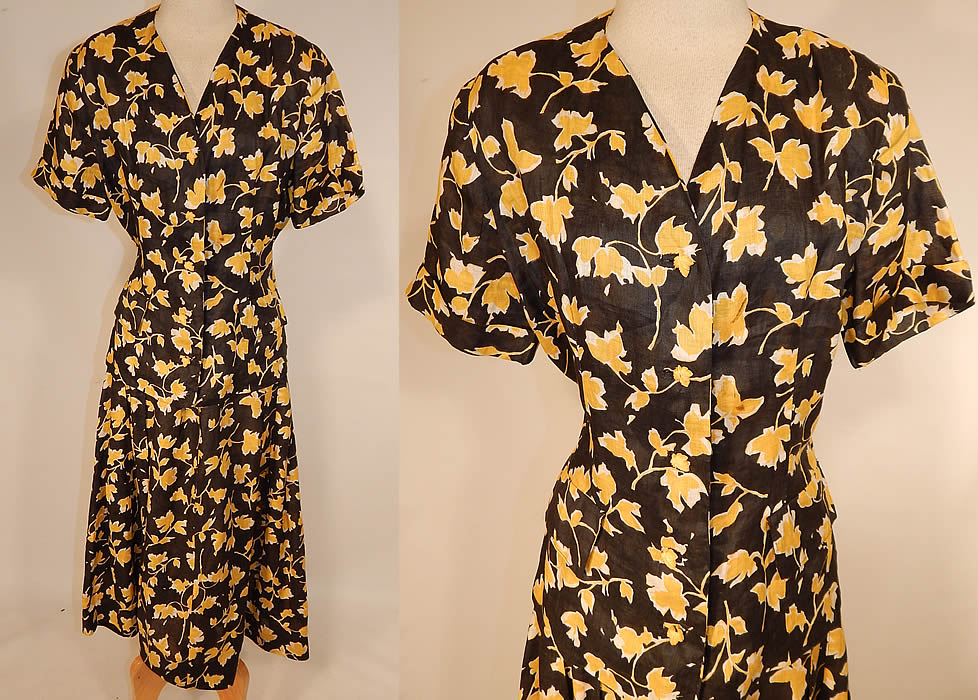 Vintage Black & Yellow Leaf Novelty Print Cotton Dress Suit Jacket Top Skirt
