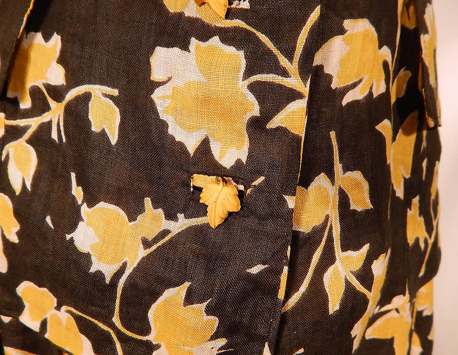 Vintage Black & Yellow Leaf Novelty Print Cotton Dress Suit Jacket Top Skirt
