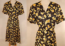 Vintage Black & Yellow Leaf Novelty Print Cotton Dress Suit Jacket Top Skirt
