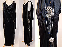 Vintage Art Deco Black Velvet Silver Rhinestone Beaded Flapper Dress Evening Gown
